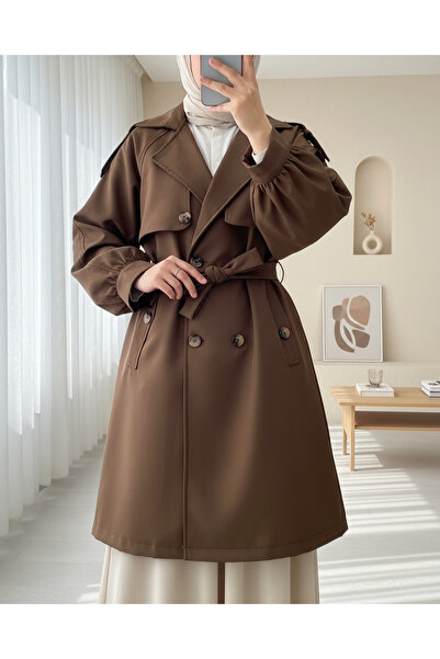 Modamorfo Omzu Epaulet Double Buttoned Bolero Trench Coat with Pockets and Belt - Brown
