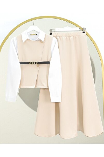 Modamorfo Cross Buttoned Vest Skirt Two-Piece Set - Beige