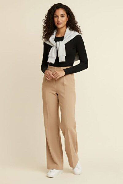 enmodaiçgiyim Stone Color Women's High Waist Stretch Fabric Velcro Closure Palazzo Wide Leg Trousers