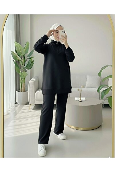 Modamorfo Σετ με μισό φερμουάρ, βαμβακερό χτενισμένο βαμβακερό - Μαύρο