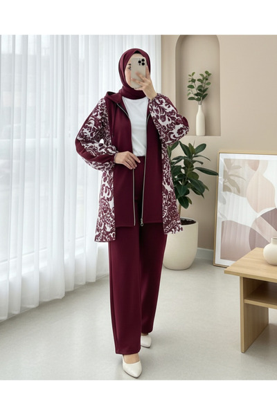 Modamorfo Zippered hooded patterned scuba suit - burgundy