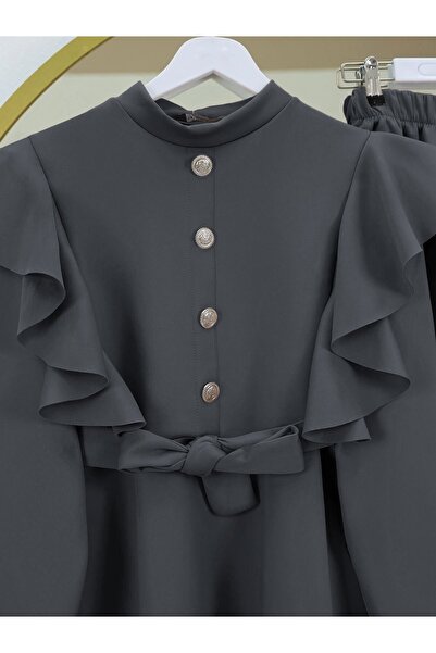 Modamorfo Button Detailed Stand Collar Shoulder Ruffle Scuba Suit Fume