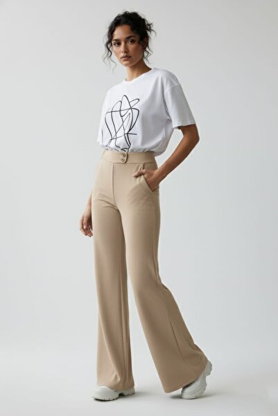 enmodaiçgiyim Stone Color High Waist Wide Leg Palazzo Pants – Flexible Textured Fabric, Wide Leg