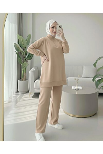 Modamorfo طقم قطني ممشط بسحاب نصف طويل - مينك