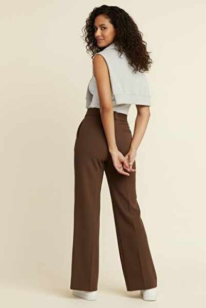 enmodaiçgiyim Brown Women's High Waist Stretch Fabric Velcro Closure Palazzo Wide Leg Trousers