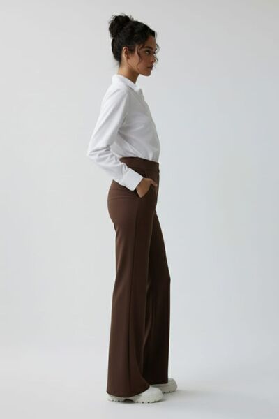 enmodaiçgiyim Brown High Waist Wide Leg Palazzo Pants – Stretchy Textured Fabric, Wide Leg