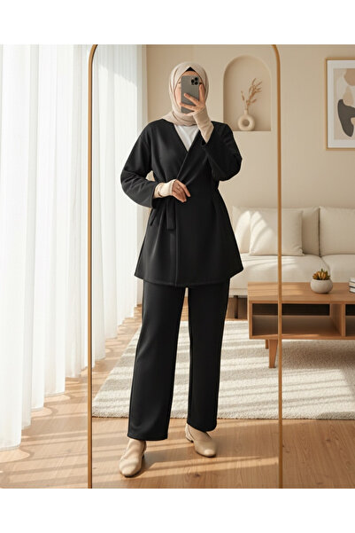 Modamorfo Buy Double Tie Scuba Kimono Set -Black