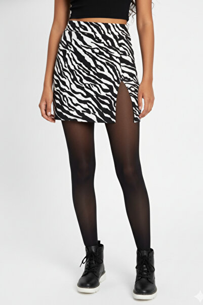 mrmpro Мини пола с разрез, зебра мотив, еластична зимна материя, дължина 45 см