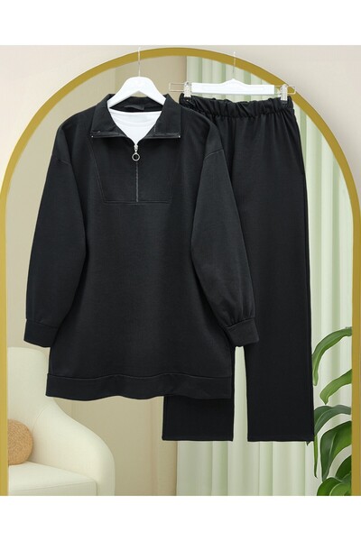 Modamorfo Σετ με μισό φερμουάρ, βαμβακερό χτενισμένο βαμβακερό - Μαύρο
