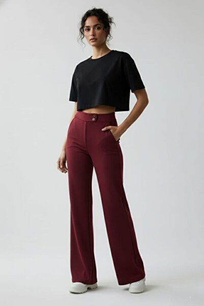 enmodaiçgiyim Burgundy High Waist Wide Leg Palazzo Pants – Flexible Textured Fabric, Flowy Wide Leg