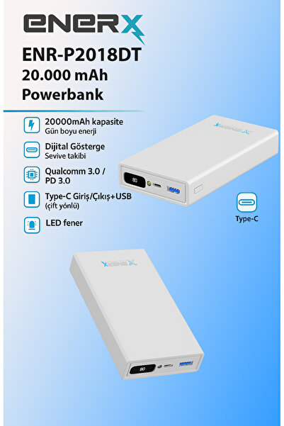 ENERX Powerbank 20000 Mah 2.1 Amper Dijital Göstergeli Enr-p20188dc Beyaz