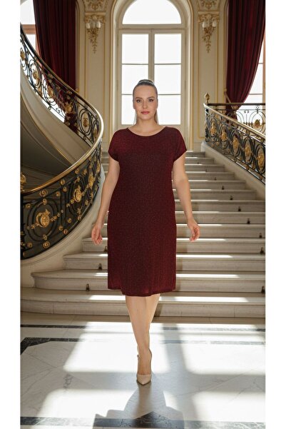 Nidya Moda Büyük Beden Kadın Bordo Simli Örme Vako Abiye Elbise-4035abo