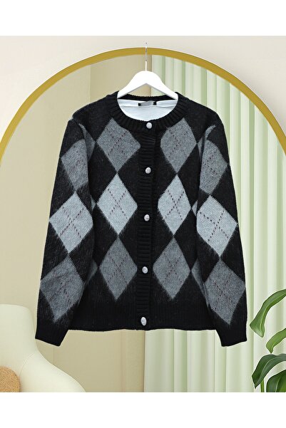 Modamorfo Buttoned Square Patterned Double Layer Knit Cardigan -Black