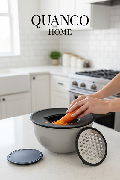 quanco Rendeli Çırpma ve Saklama Kabı 24 cm - 4 Parça Plastik, Çelik Rende Kapaklı Karıştırma Seti-