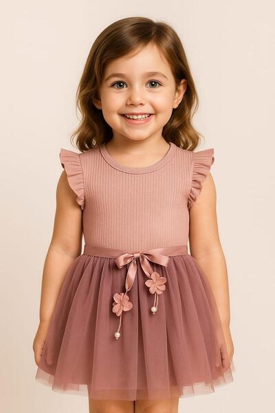 dinamik çocuk Kız Çocuk Gül Kurusu Tül Özel Gün Doğum Günü Günlük Prenses Elbise