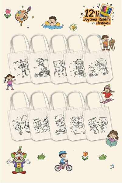 Çınar Bez Çanta Çocuk Aktiviteleri Desenli Boyama Çantası - 10 Adet