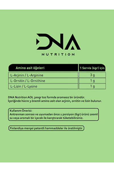 Dna Nutrition Aol (Arjinin, Ornitin Ve Lizin) 300gr X 2 Adet (TOPLAM 600GR - 100 SERVİS)