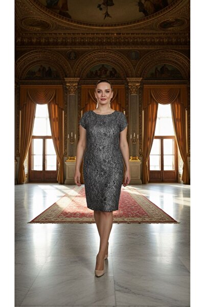 Nidya Moda Women's Black Glitter Plated Lace Vako Evening Dress-4035ss