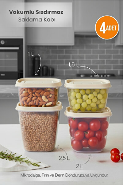 Orvila Cream 4-Piece Vacuum Sealed Storage Container with Lid Food Organizer Set 1L, 1.5L, 2L, 2.5L