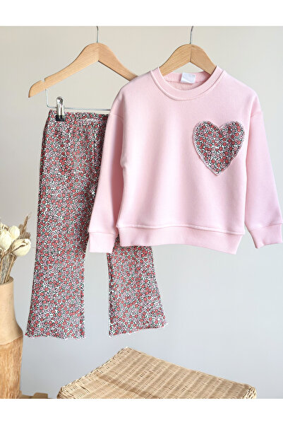 Pinkitokids Flower Printed Heart Detailed Sweatshirt and Leggings Set