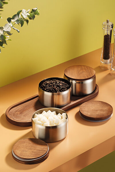 Steel & More طقم شاي وقهوة وسكر من أورورا مكون من 7 قطع مع أغطية خشبية - وعاء...