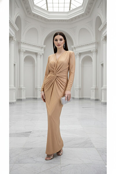 CAREZZA Starlight - Draped Stones Stretch Fabric Gold Beige Evening Dress