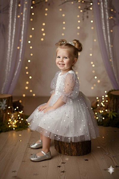 penu baby kids Φιόγκος με μοτίβο λευκού αστεριού Κοντό μανίκι με μπαλόνι Κοριτσίστικο φόρεμα για κοριτσάκι - αστέρι