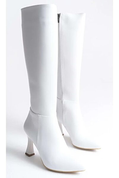 Kocamanlar Ayakkabı Feles Below-The-Knee Heeled Pointed Toe Women's Boots White