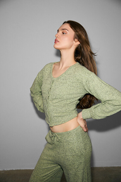 GRIMELANGE Clarita Women's Soft and Flexible Fabric Fitted Waist Buttoned Crop Green Cardigan