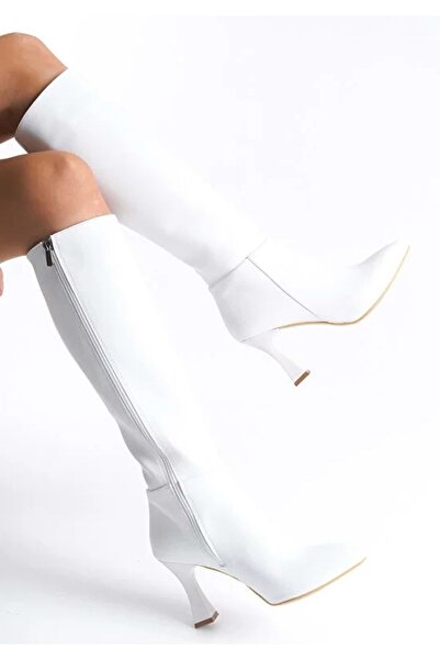 Kocamanlar Ayakkabı Feles Below-The-Knee Heeled Pointed Toe Women's Boots White