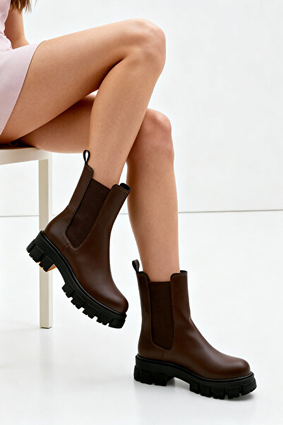 meyra'nın ayakkabıları Women's Brown Leather Elastic Thick Sole Boots