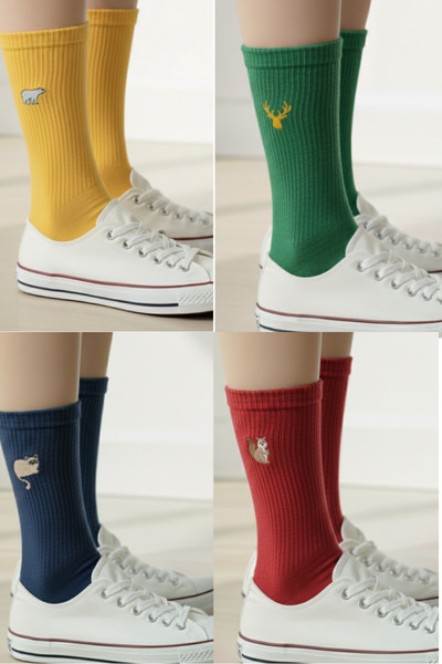 AYDK Cute Animal Embroidered Cotton Winter Summer Patterned 4 Color Socket Socks Set