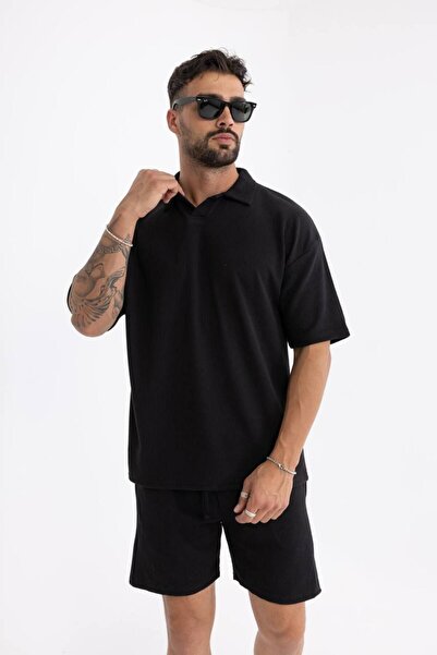 comstar Men's Basic Polo Neck T-Shirt Shorts Black Double Set