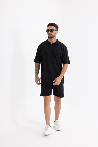 comstar Men's Basic Polo Neck T-Shirt Shorts Black Double Set