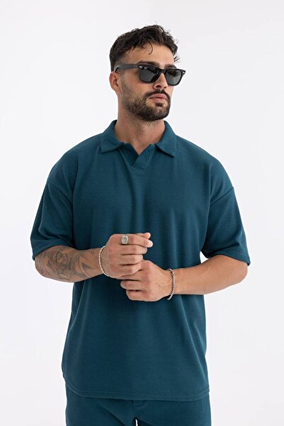 comstar Men's Basic Polo Neck T-Shirt Shorts Blue Double Set