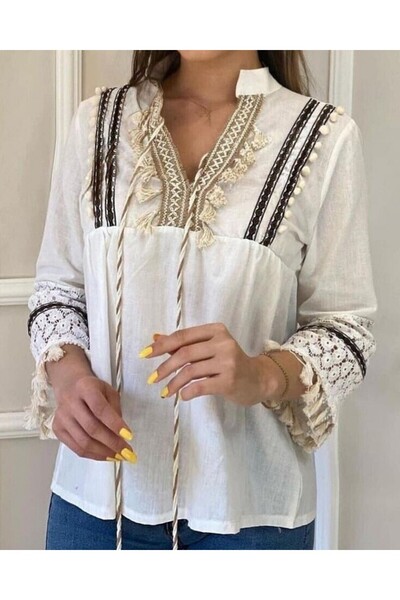 Modamorfo Δαντελένια φούντα μπλούζα με γιακά και μανίκια -λευκή