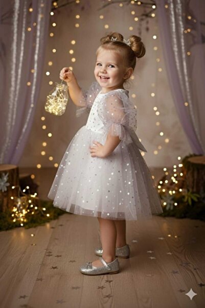 penu baby kids Φιόγκος με μοτίβο λευκού αστεριού Κοντό μανίκι με μπαλόνι Κοριτσίστικο φόρεμα για κοριτσάκι - αστέρι