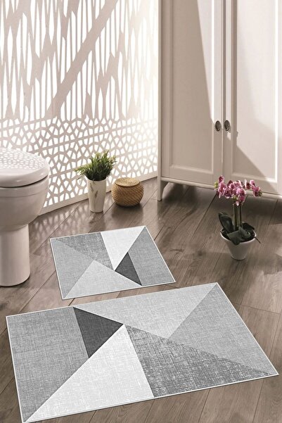 Zeria Home Γεωμετρικά γκρι καφέ χρώματα Αντιολισθητική βάση που πλένεται 2 τε...