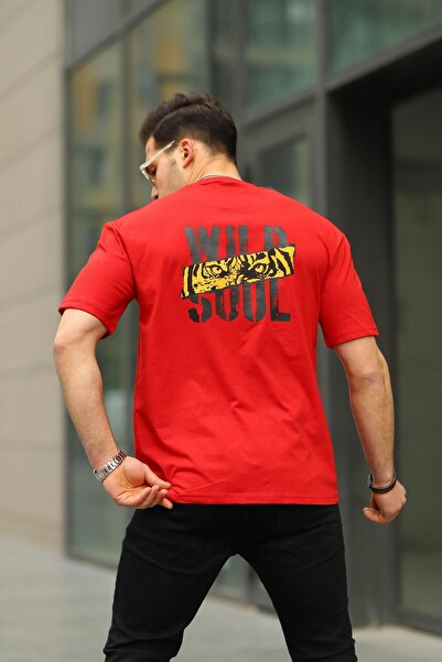 comstar Men's Wild Soul Text Printed Oversize Red T-Shirt