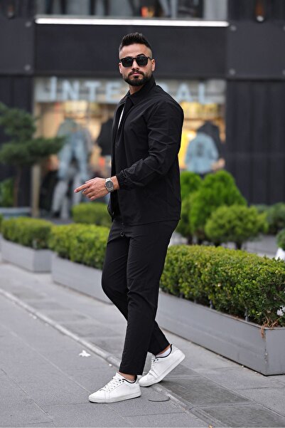 comstar Men's Zipper Shirt Basic Tracksuit Black Double Suit