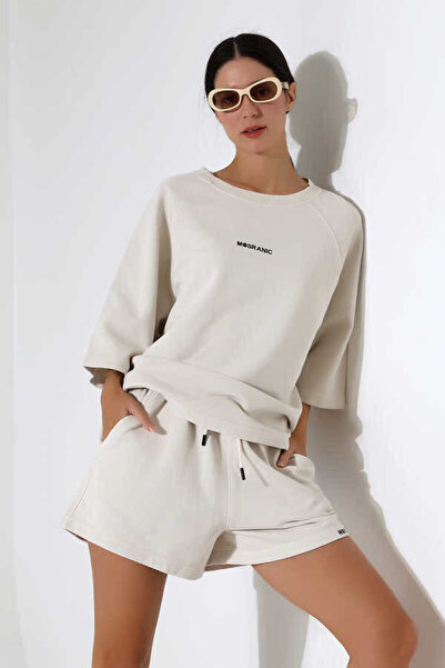 MOSRANİC طقم تي شيرت وشورت نسائي باللون البيج |   إم إس سي 2078-بيج