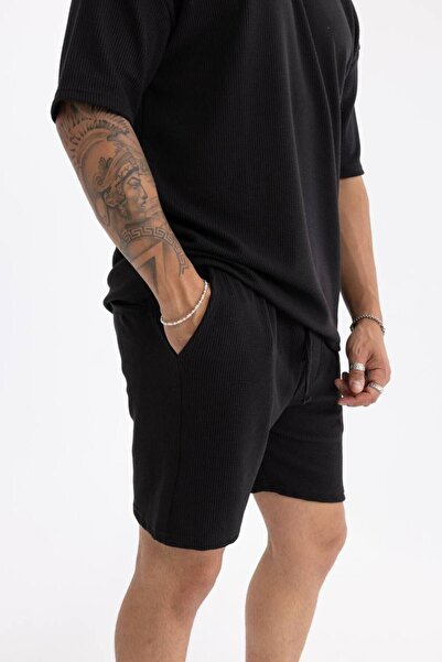 comstar Men's Basic Polo Neck T-Shirt Shorts Black Double Set
