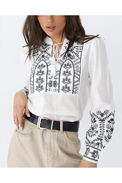 Modamorfo Κεντημένη μπλούζα με μανσέτες με λεπτομέρεια από δαντέλα