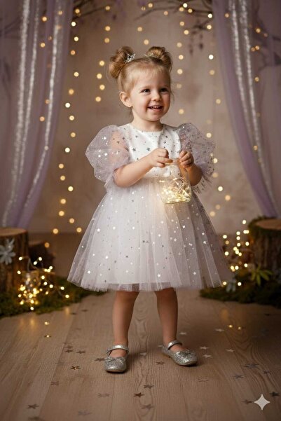 penu baby kids Φιόγκος με μοτίβο λευκού αστεριού Κοντό μανίκι με μπαλόνι Κοριτσίστικο φόρεμα για κοριτσάκι - αστέρι