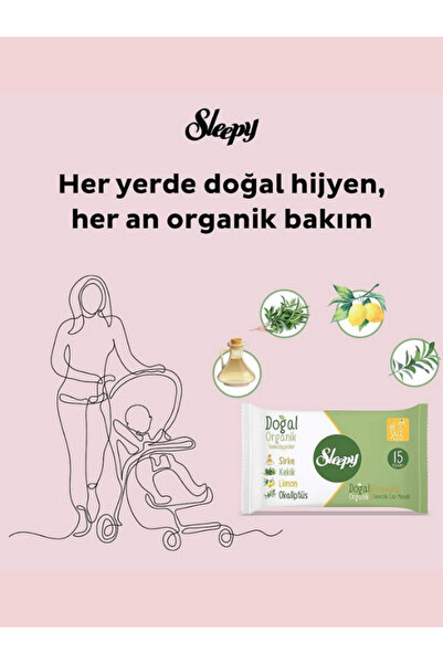 Sleepy 3lü Islak Cep Mendil Çanta Boy Doğal Organik Pamuklu El Yüz Vücut Temizleme Mendili (3X15 YAPRAK)
