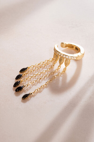 SOCIETA Altın Siyah taş zincirli ve kristal taş detaylı 925 ayar gümüş kıkırd...