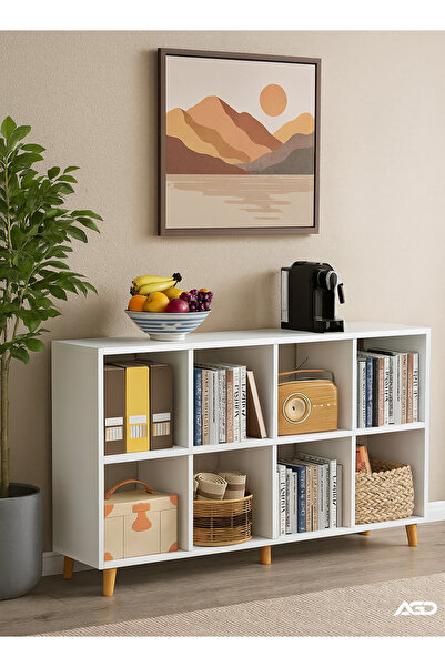 AGD 2-Tier Freestanding Wooden Bookcase with 8 Cubes, Modern Design, White