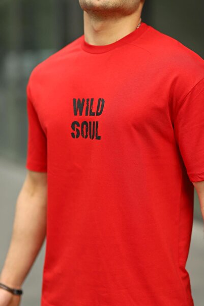 comstar Men's Wild Soul Text Printed Oversize Red T-Shirt