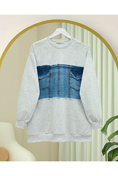 Modamorfo Round Neck Sweatshirt with Denim Pocket Detail on the Front - Light Gray