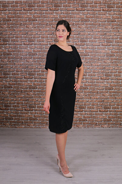 Nidya Moda Plus Size Women's Black Front Wave Spiral Lace Combination Evening Dress-4162S